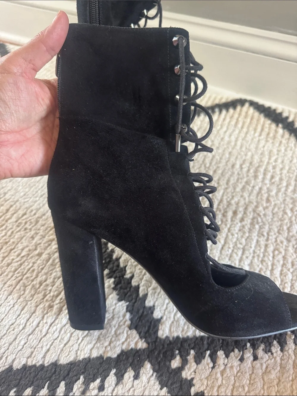 Kendall & Kylie Black Suede Lace-Up Peep-Toe Heeled Booties 9.5